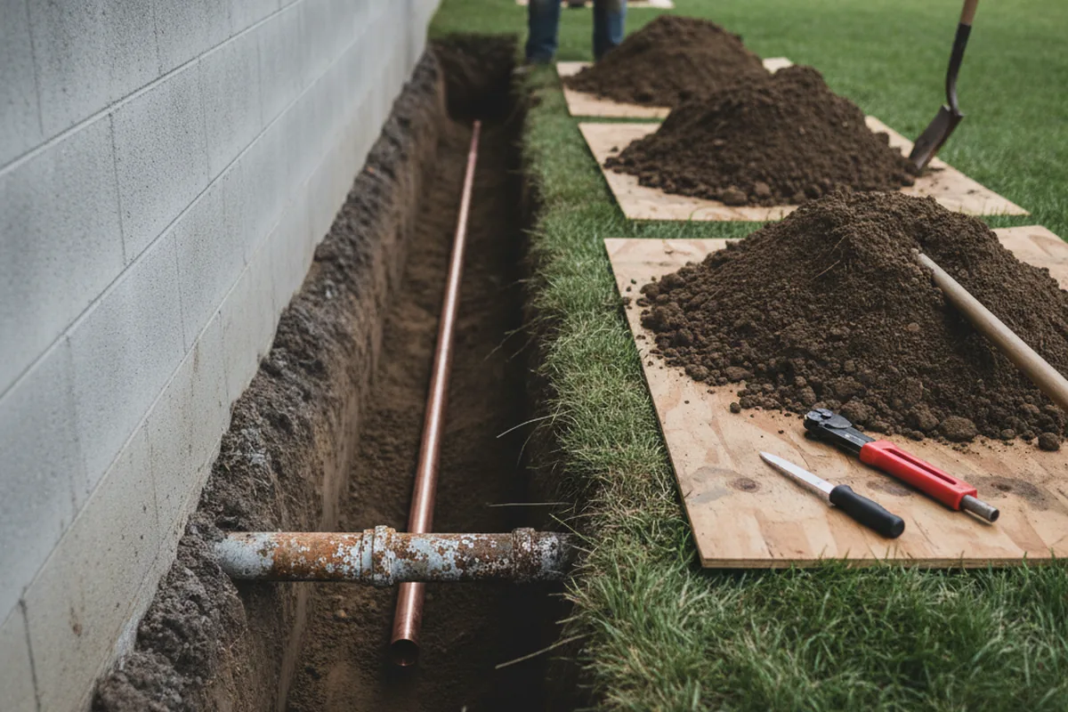 Excavated water line trench during Sewer Line Repair in Fyffe